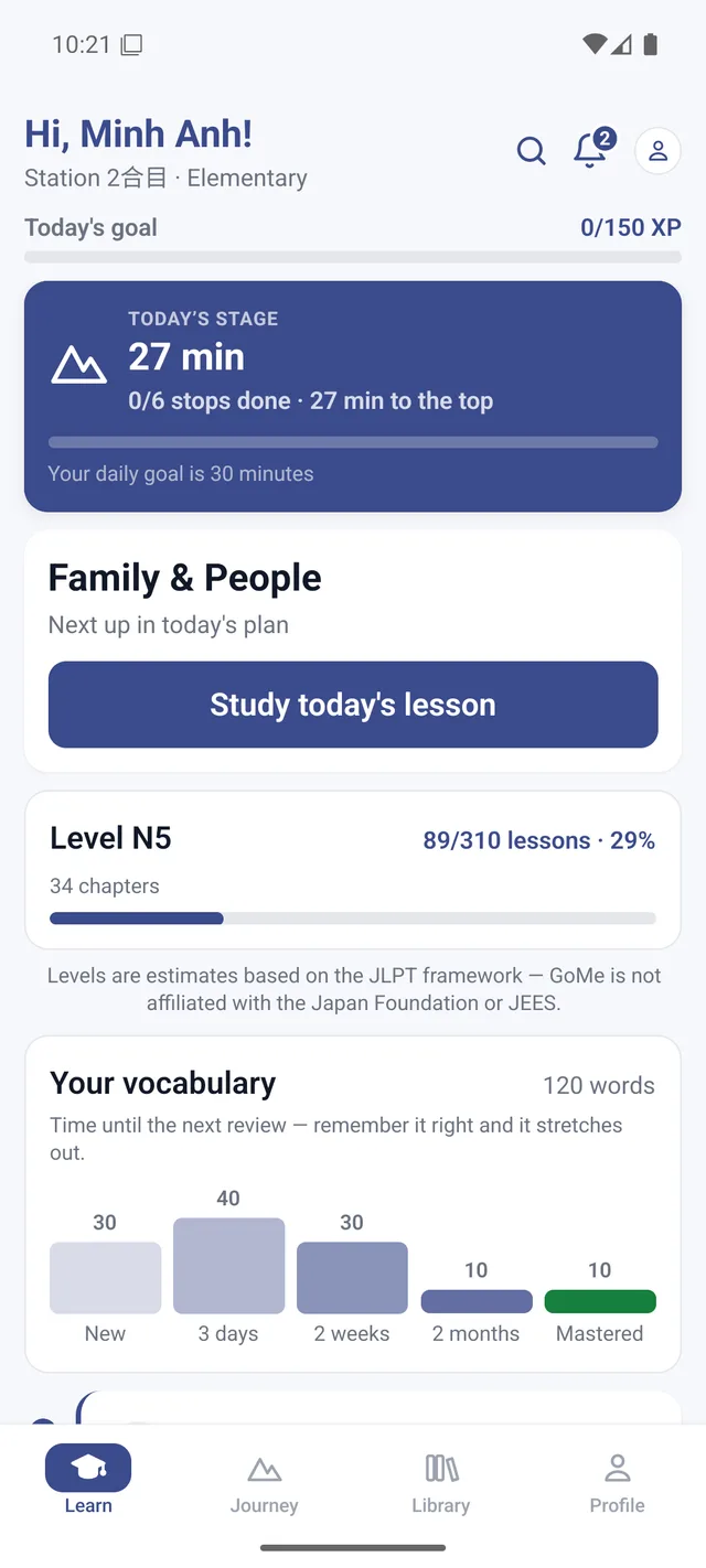 GoMe's Learn screen: today's goal, the next lesson, and a chart of your vocabulary by review interval