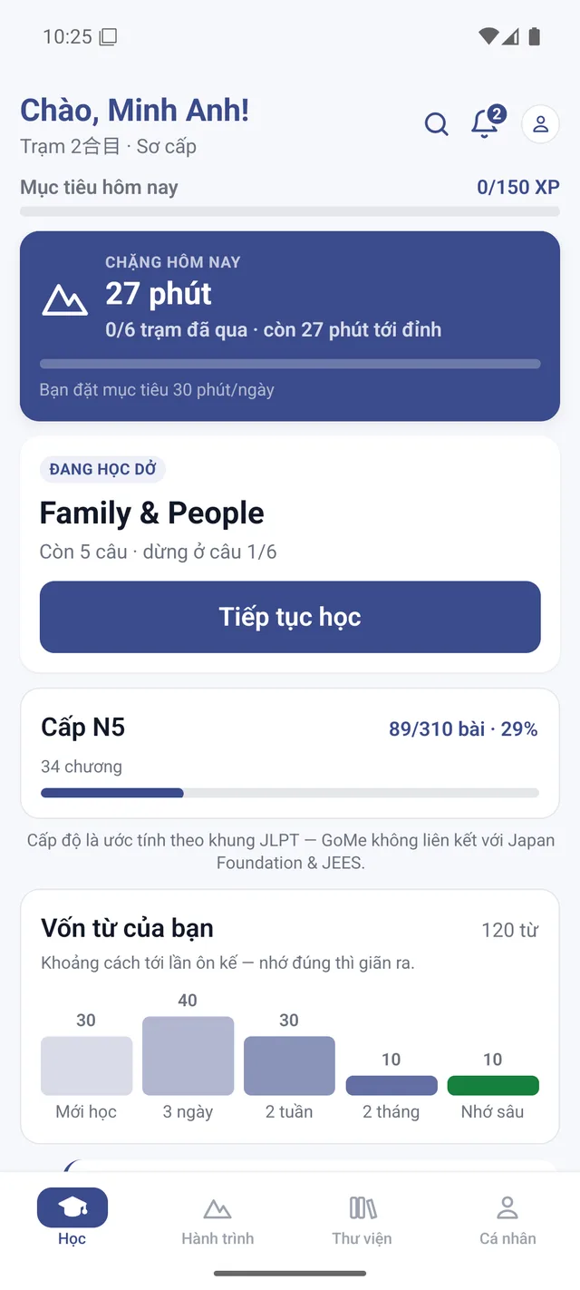 Màn hình Học của GoMe: mục tiêu hôm nay, bài đang học dở và biểu đồ vốn từ theo nấc ôn